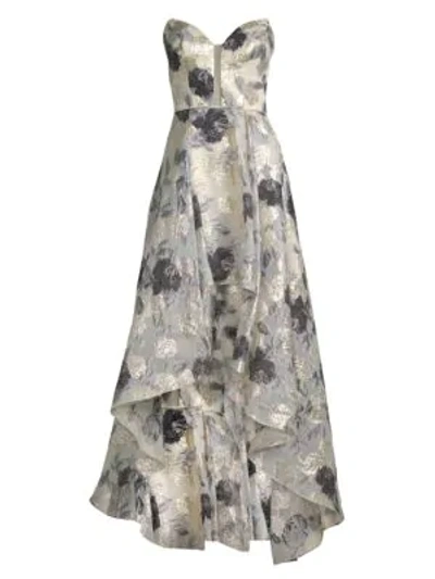Shop Basix Black Label Off-the-shoulder High-low Print Gown In Black Silver