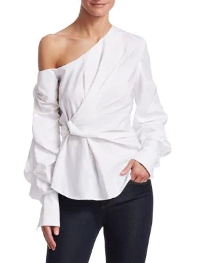Shop Jonathan Simkhai Pleated Combo Cold-shoulder Wrap Top In White