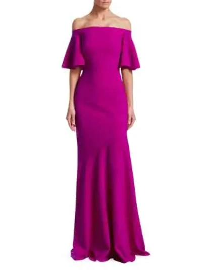Shop Theia Off-the-shoulder Ruffle-sleeve Gown In Magenta