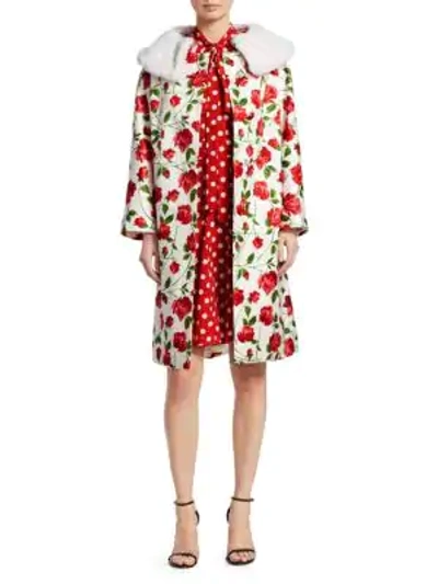 Shop Michael Kors Faux Mink Collar Rose-print Coat In Multi
