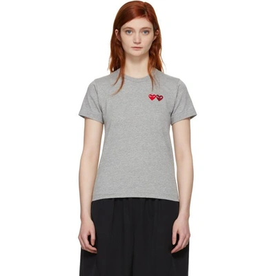 Shop Comme Des Garçons Play Comme Des Garcons Play Grey And Red Double Heart T-shirt In 3 Grey