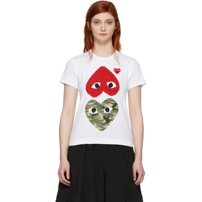 Shop Comme Des Garçons Play White & Red Camo Heart T-shirt