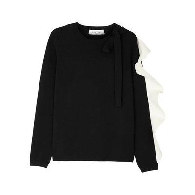Shop Valentino Black Ruffle-trimmed Stretch-knit Jumper In Black And White