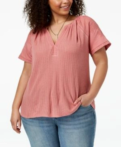 Shop Lucky Brand Trendy Plus Size Embroidered Split-neck Top In Strawberry Pink