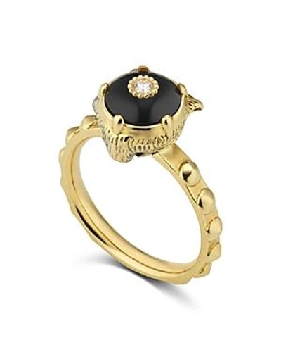 Shop Gucci 18k Yellow Gold Le Marché Des Merveilles Onyx & Diamond Feline Head Ring In Black/gold