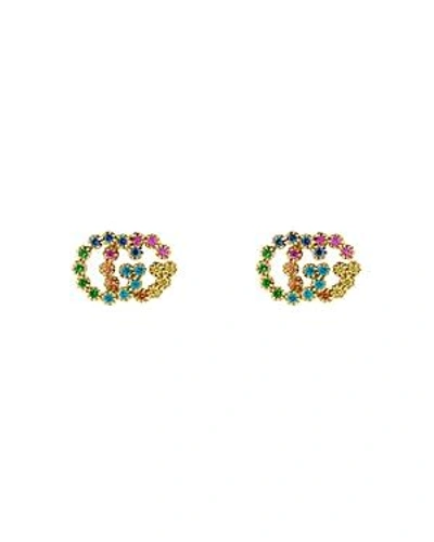 Shop Gucci 18k Yellow Gold Running G Mixed Gemstone Stud Earrings In Multi/gold