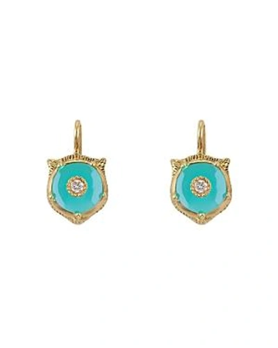 Shop Gucci 18k Yellow Gold Le Marché Des Merveilles Turquoise & Diamond Feline Drop Earrings In Blue/gold