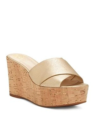 Shop Vince Camuto Women's Kessina Leather & Cork Platform Wedge Slide Sandals In Gold