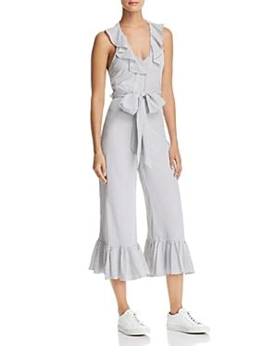 Shop Likely Delphine Ruffled Polka Dot Jumpsuit In White/black