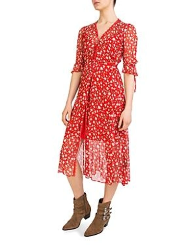Shop The Kooples Rosa Rosa Floral-print Midi Wrap Dress In Red