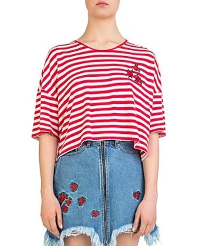 Shop The Kooples Rose-embroidered Striped Cropped Top In Ecru
