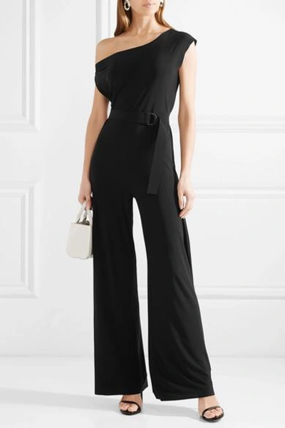 Shop Norma Kamali Belted Stretch-jersey Jumpsuit In Black