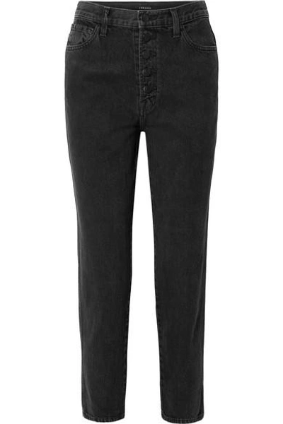Shop J Brand Heather Cropped High-rise Straight-leg Jeans In Black