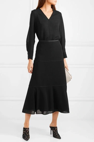 Shop Cefinn Grosgrain-trimmed Voile Midi Skirt In Black