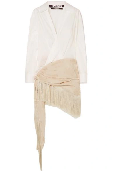 Shop Jacquemus Cotton-poplin And Fringed Embroidered Crepe De Chine Dress In Fr38