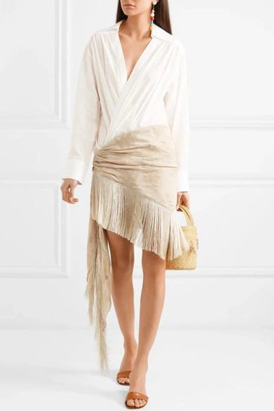 Shop Jacquemus Cotton-poplin And Fringed Embroidered Crepe De Chine Dress In Fr38