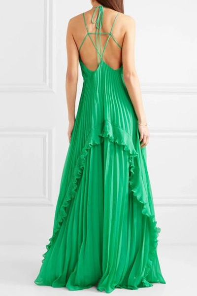 Shop Halston Heritage Ruffled Plissé-chiffon Maxi Dress In Green