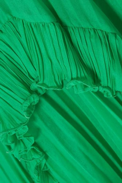 Shop Halston Heritage Ruffled Plissé-chiffon Maxi Dress In Green