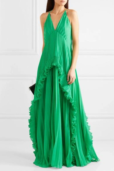 Shop Halston Heritage Ruffled Plissé-chiffon Maxi Dress In Green