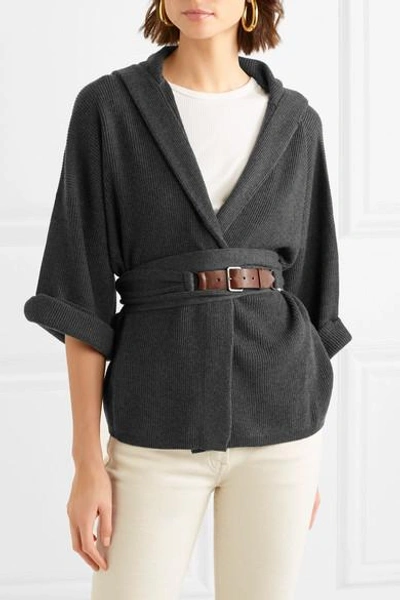 Shop Brunello Cucinelli Hooded Belted Ribbed Cashmere Cardigan In Gray