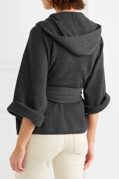 Shop Brunello Cucinelli Hooded Belted Ribbed Cashmere Cardigan In Gray