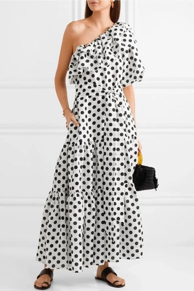 Shop Lisa Marie Fernandez Arden Ruffled One-shoulder Polka-dot Linen Maxi Dress In White