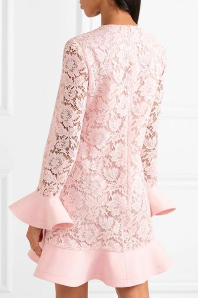 Shop Valentino Ruffled Crepe-trimmed Guipure Lace Mini Dress In Pastel Pink