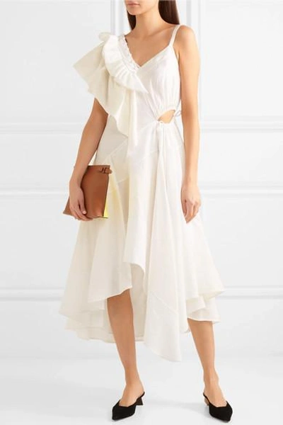 Shop Loewe Cutout Ruffled Jacquard And Crepe Dress In White