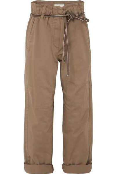 Shop Brunello Cucinelli Cropped Stretch Cotton-blend Pants In Brown