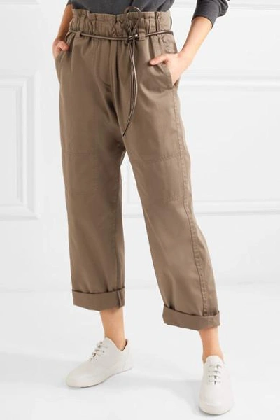 Shop Brunello Cucinelli Cropped Stretch Cotton-blend Pants In Brown