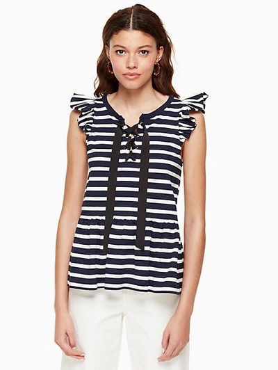 Shop Kate Spade Lace-up Stripe Knit Tee In Rich Navy/off White