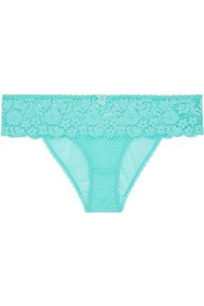 Shop Stella Mccartney Woman Elsa Endearing Cotton-blend Leavers Lace Mid-rise Briefs Turquoise