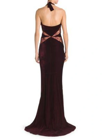 Shop Stella Mccartney Velvet & Lace Halter Gown In Burgundy