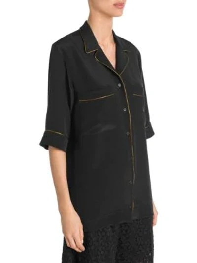 Shop Stella Mccartney Piped Silk Pajama Shirt In Black