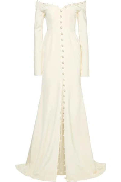 Shop Danielle Frankel Off-the-shoulder Pearl-embellished Silk-crepe Gown In Ivory