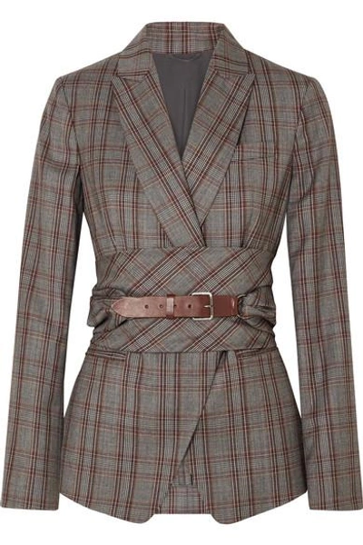 Shop Brunello Cucinelli Belted Plaid Wool Blazer In Gray