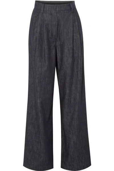 Shop Brunello Cucinelli Embellished Striped High-rise Wide-leg Jeans In Navy