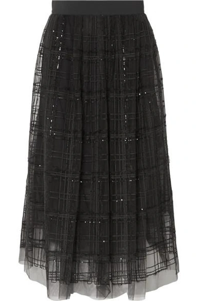 Shop Brunello Cucinelli Sequin-embellished Embroidered Tulle Midi Skirt In Gray