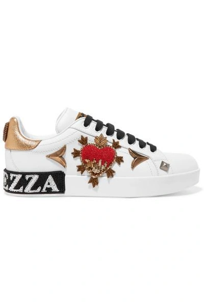 Shop Dolce & Gabbana Appliquéd Embellished Leather Sneakers In White