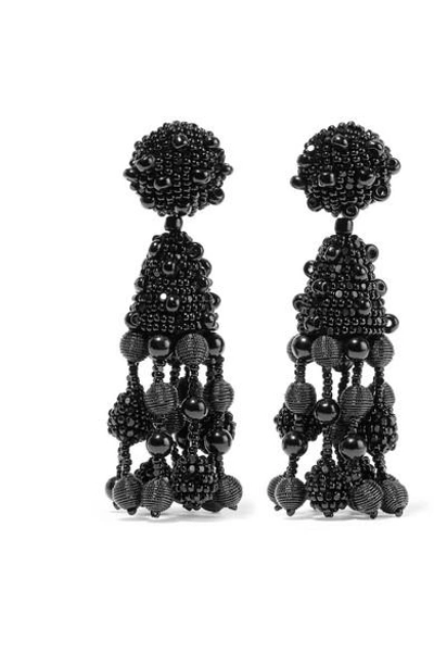 Shop Oscar De La Renta Falling Tassel Bead And Silk Clip Earrings In Black