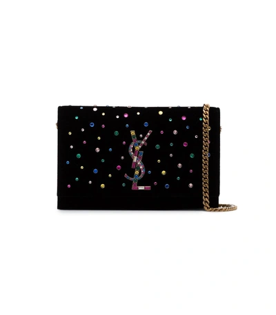 Shop Saint Laurent Black Multicolor Kate Crystal Embellished Velvet Bag