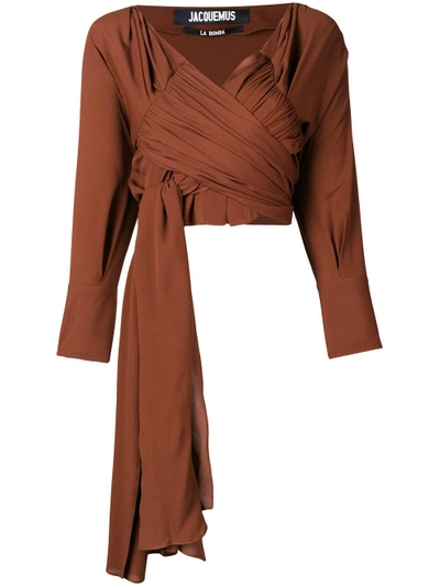 Shop Jacquemus Cropped Ruched Wrap Top - Brown
