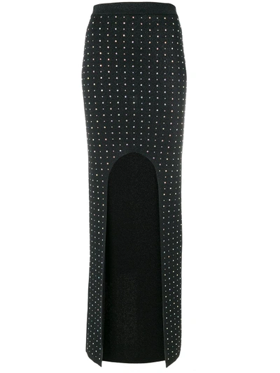 Shop Balmain Crystal-embellished Cut-out Knit Skirt - Black