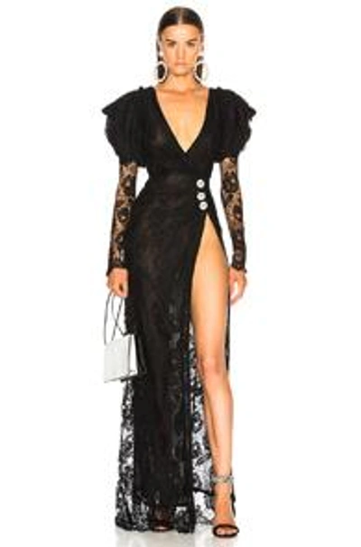 Shop Alessandra Rich Puff Sleeve Lace Gown In Black