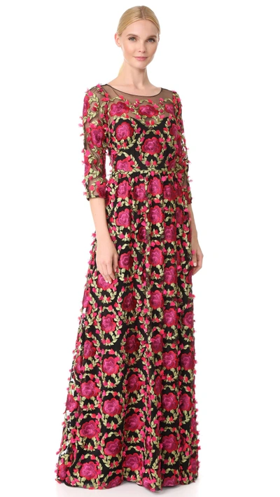 Shop Marchesa Notte Embroidered Gown In Fuchsia