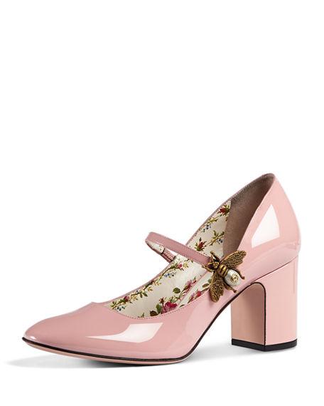 Gucci Patent Leather Mid-heel Pump With Bee In Pink | ModeSens