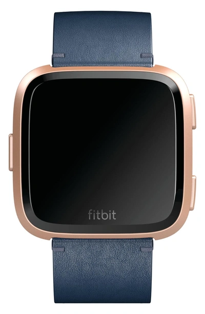 Shop Fitbit Versa Leather Strap Watch Band In Midnight Blue