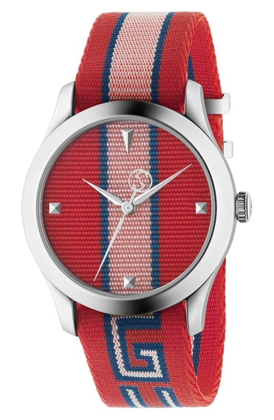 Shop Gucci G-timeless Nylon Strap Watch, 37mm In Red/ Pink/ Silver