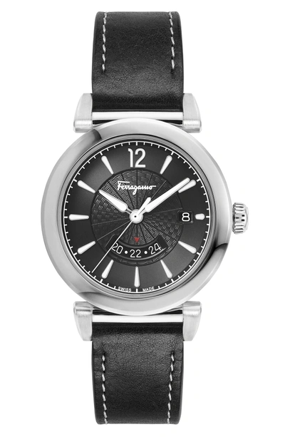 Shop Ferragamo Feroni Leather Strap Watch, 40mm In Black/ Silver