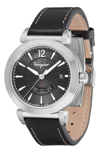 Shop Ferragamo Feroni Leather Strap Watch, 40mm In Black/ Silver